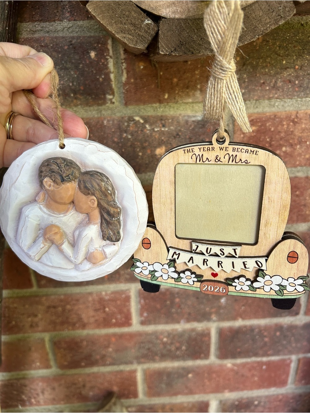 Just Married Wooden Ornament Frame in Natural and Cream - Wedding Keepsake